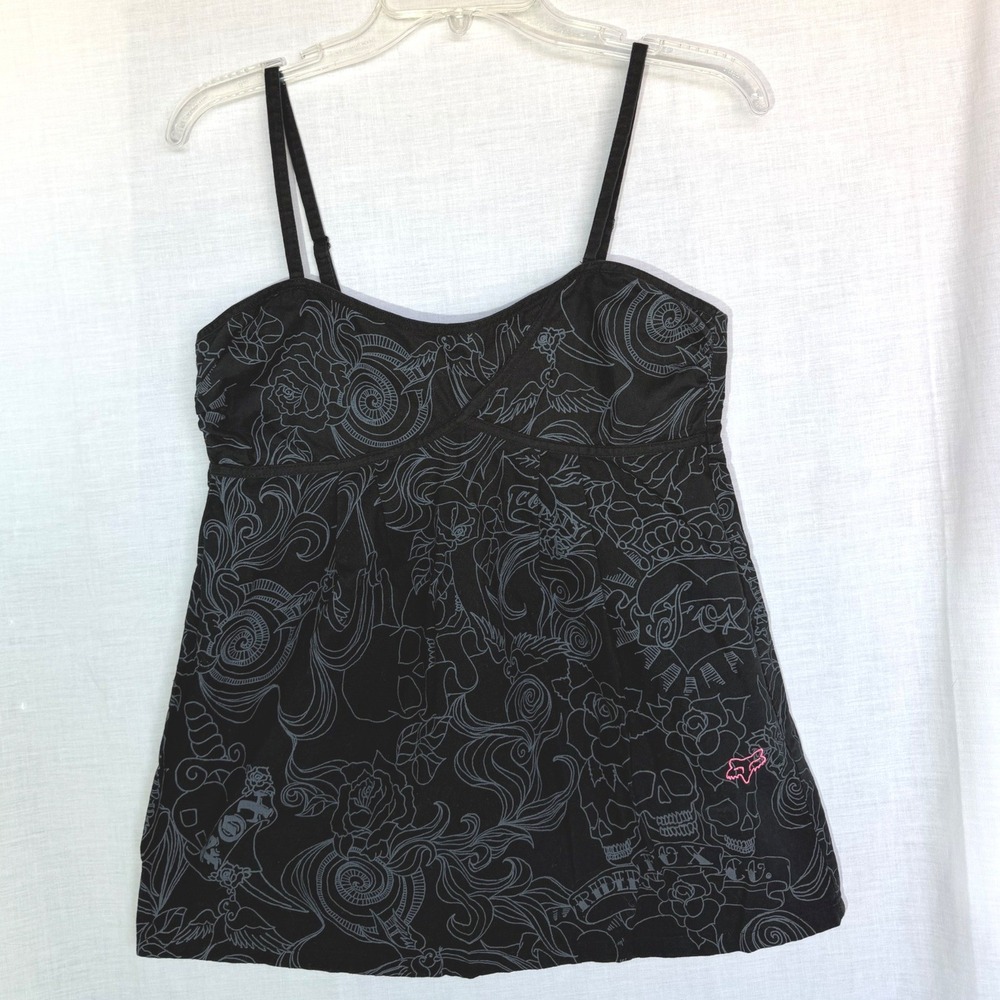 Y2K Fox Racing Cami Top Black Skull Rose Graphic Moto Smocked Babydoll Medium